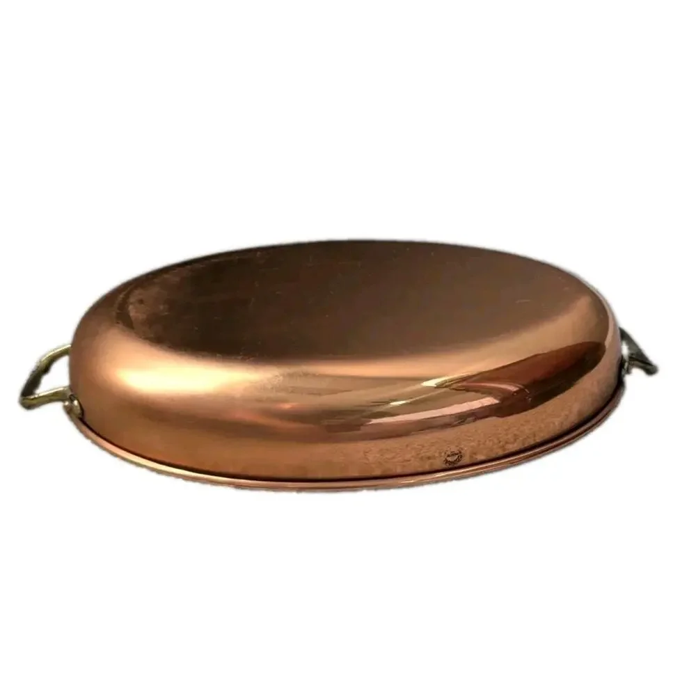 Vtg Copper Oval Gratin Pan Tin Lined Brass Handles Hammered Roasting Baking Dish